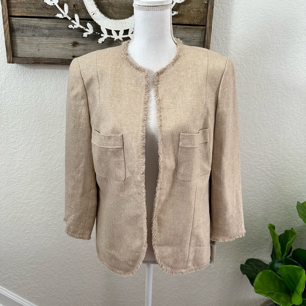 Lafayette 148 beige gold fringe 3/4 sleeve blazer‎ jacket ladies size 10 NWT